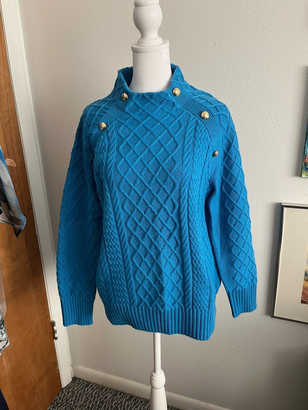 Talbots Turquoise Cable-Knit Turtleneck Sweater with Gold Buttons